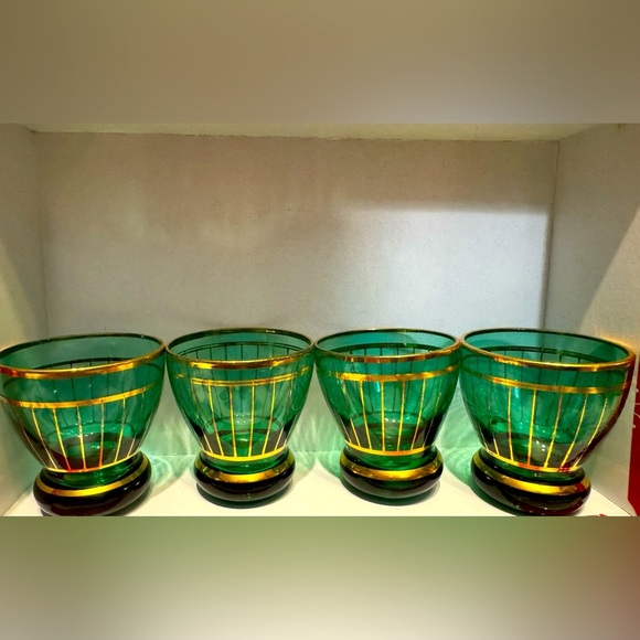 Other - Vintage Art Deco Green and Gold Cordial, Shot Liqueur Glasses 1960s Set Of 4